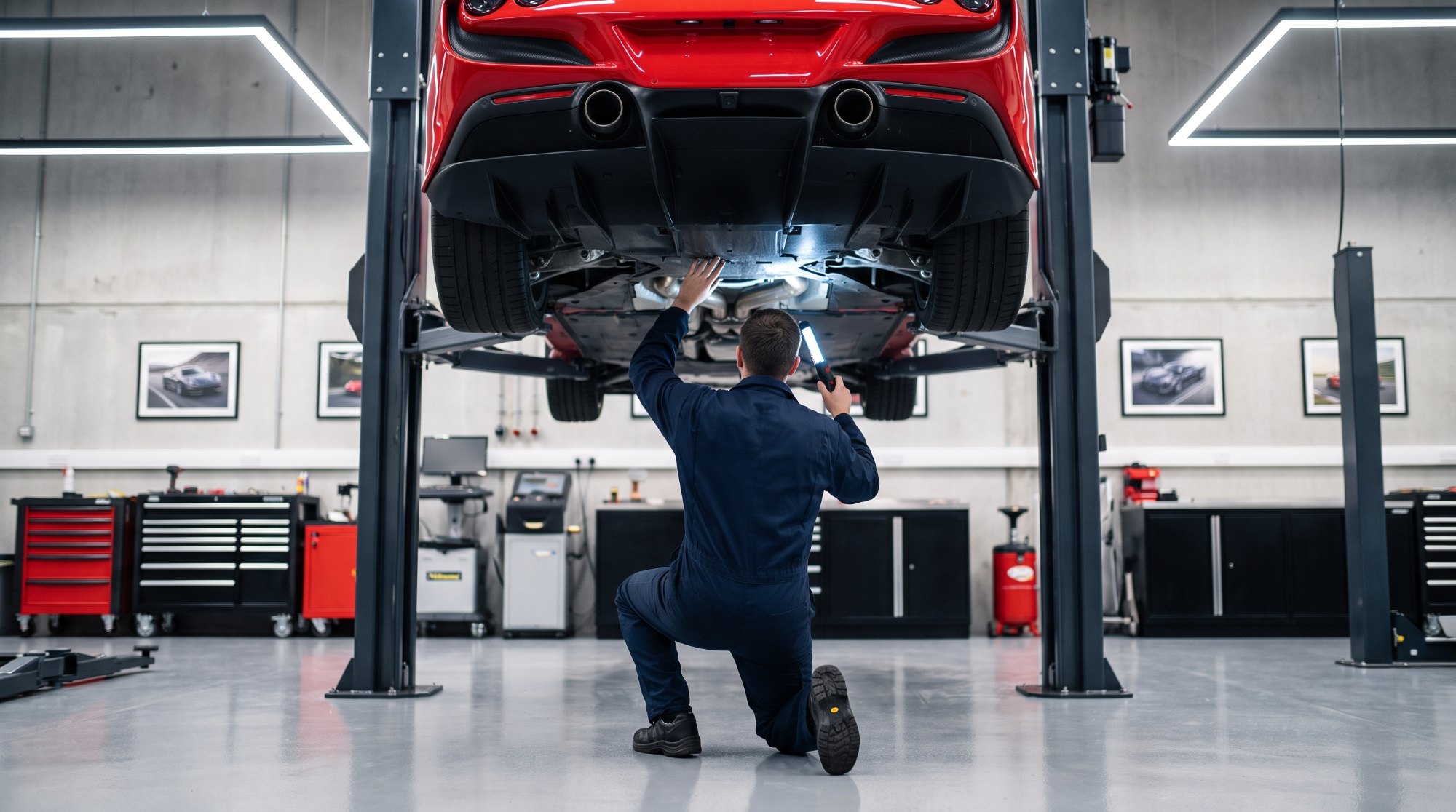 Technician kneeling under a red mid-engine supercar on a lift, shining a flashlight at the underbody and exhaust
