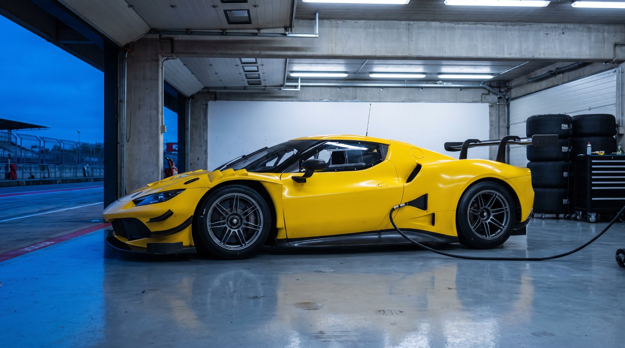 Yellow Ferrari 296 GT3 race car parked in an open pit box at dusk