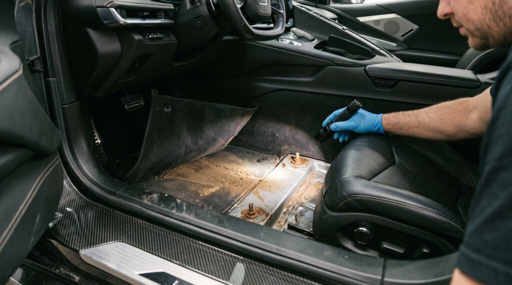 Technician with a flashlight pulling back a sports car's driver-side carpet to reveal silt and rusted seat bolts on the floor pan
