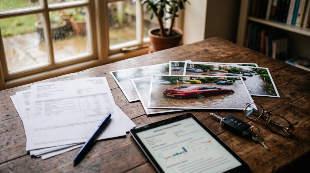 Repair invoices, printed photos of a red car in floodwater, a tablet showing a vehicle history report, a key fob and glasses on a wooden desk