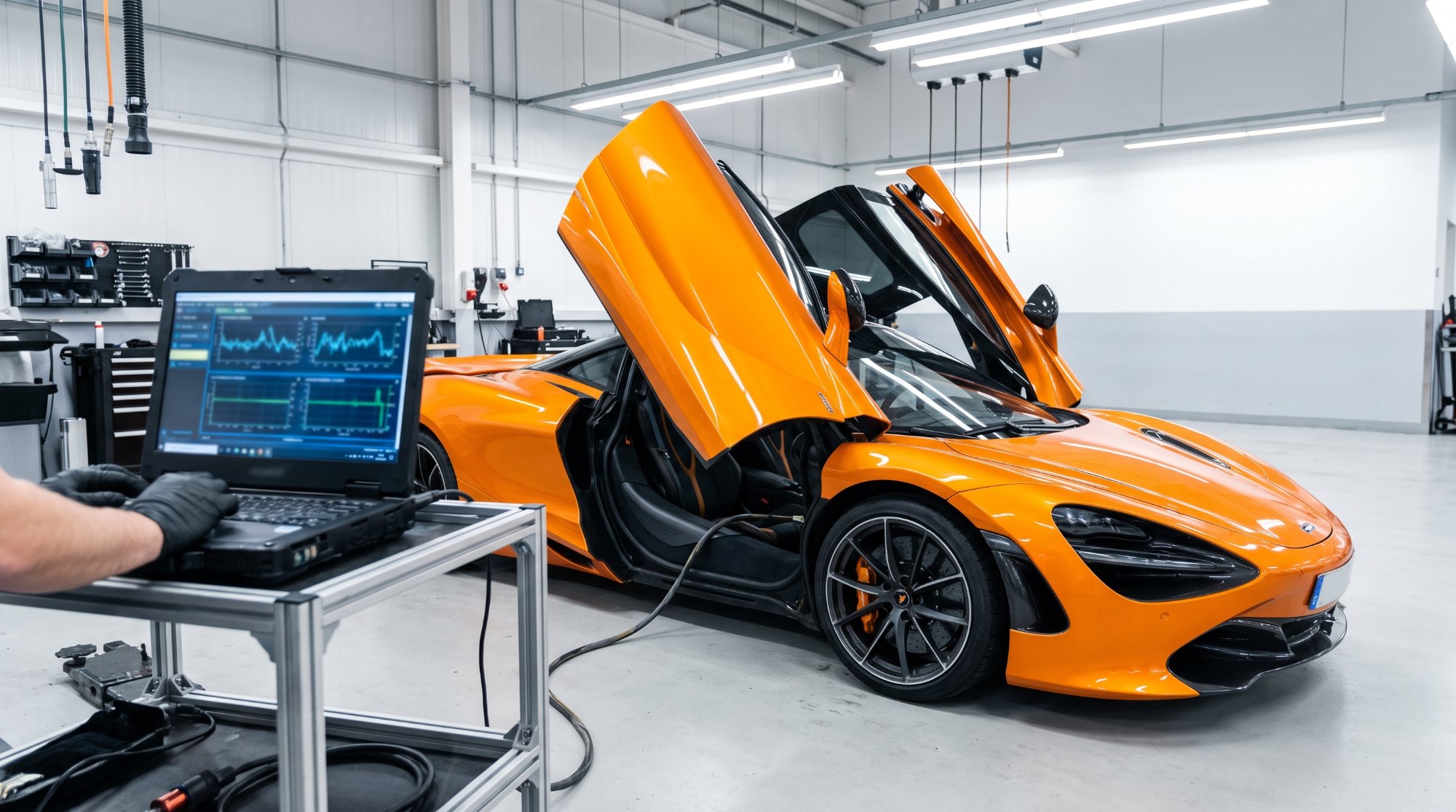 Orange McLaren 720S with doors raised in a service bay, a diagnostic laptop on a stand connected to the car by cable