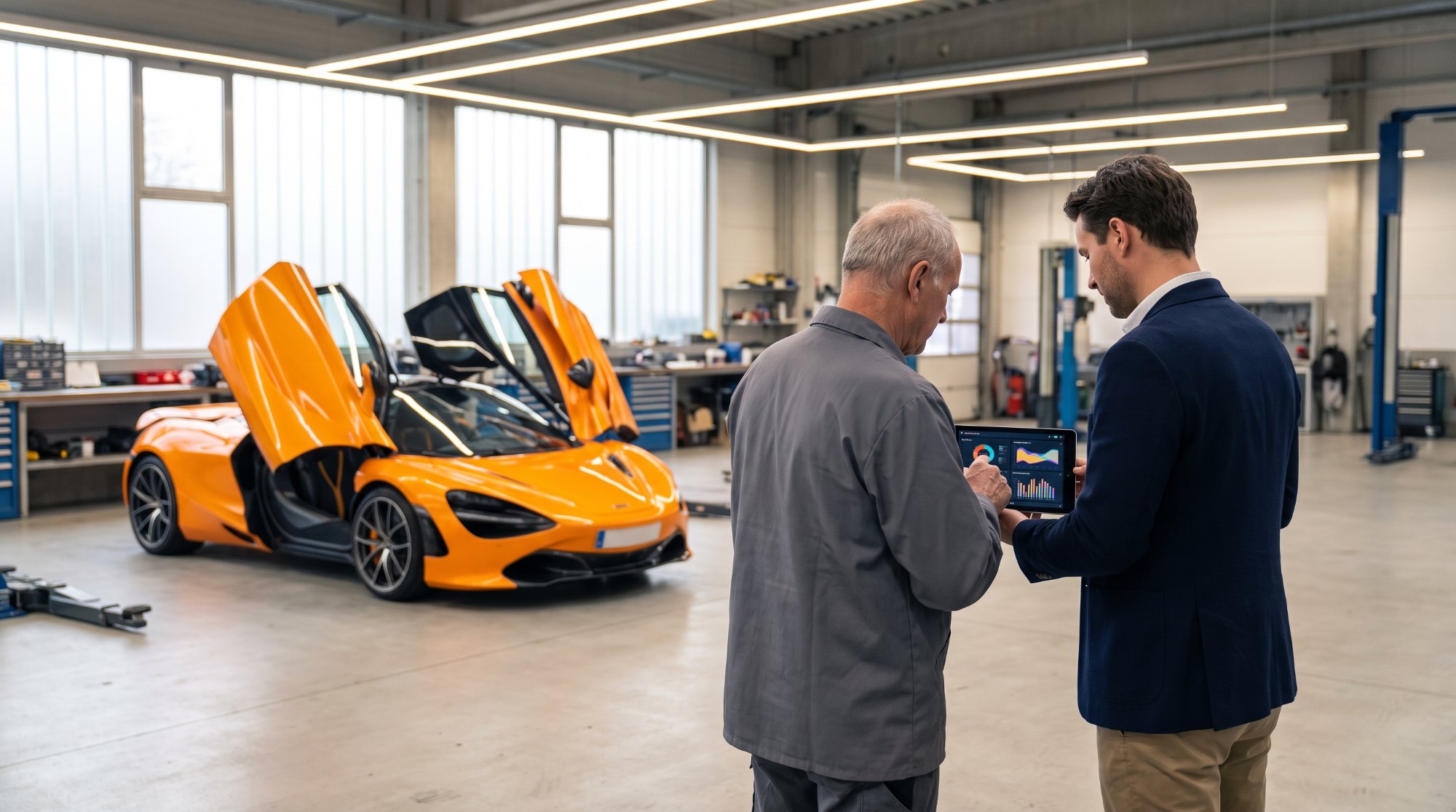 Technician and owner reviewing an inspection report on a tablet in a workshop, with an orange McLaren 720S behind them with its doors open