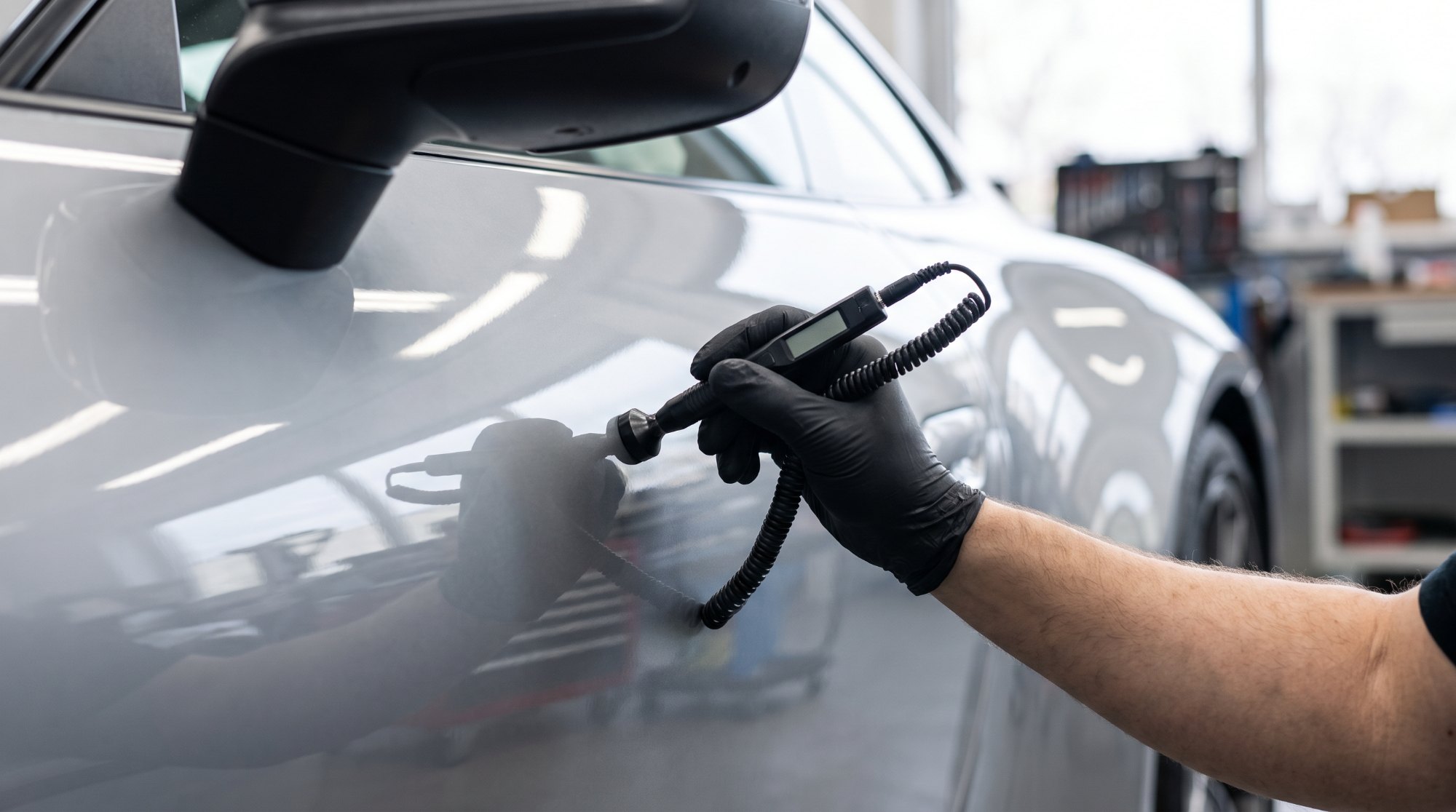 Gloved hand pressing a paint thickness gauge probe against the door of a silver sports car