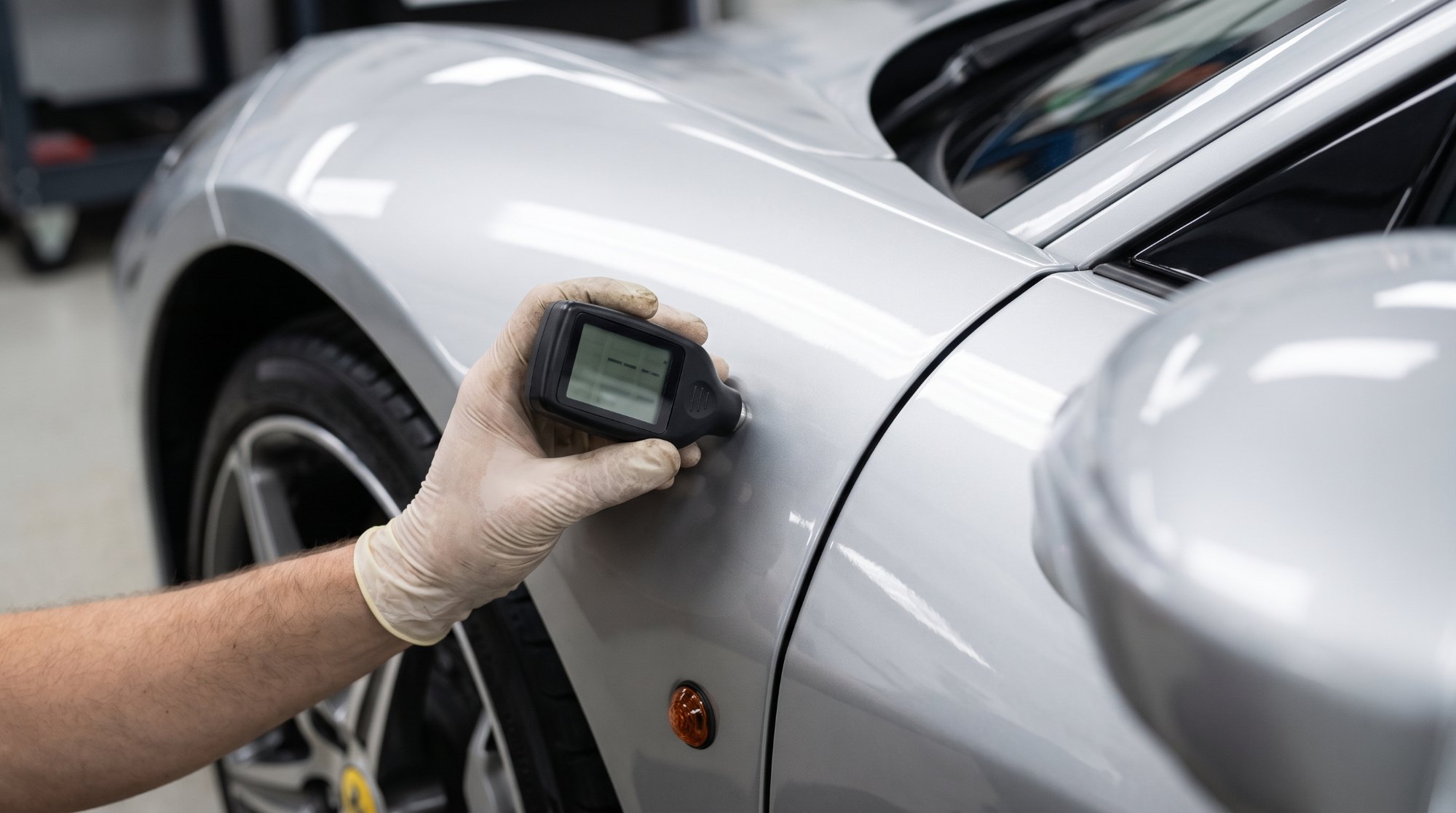 Gloved hand pressing a digital paint thickness gauge against the front fender of a silver sports car