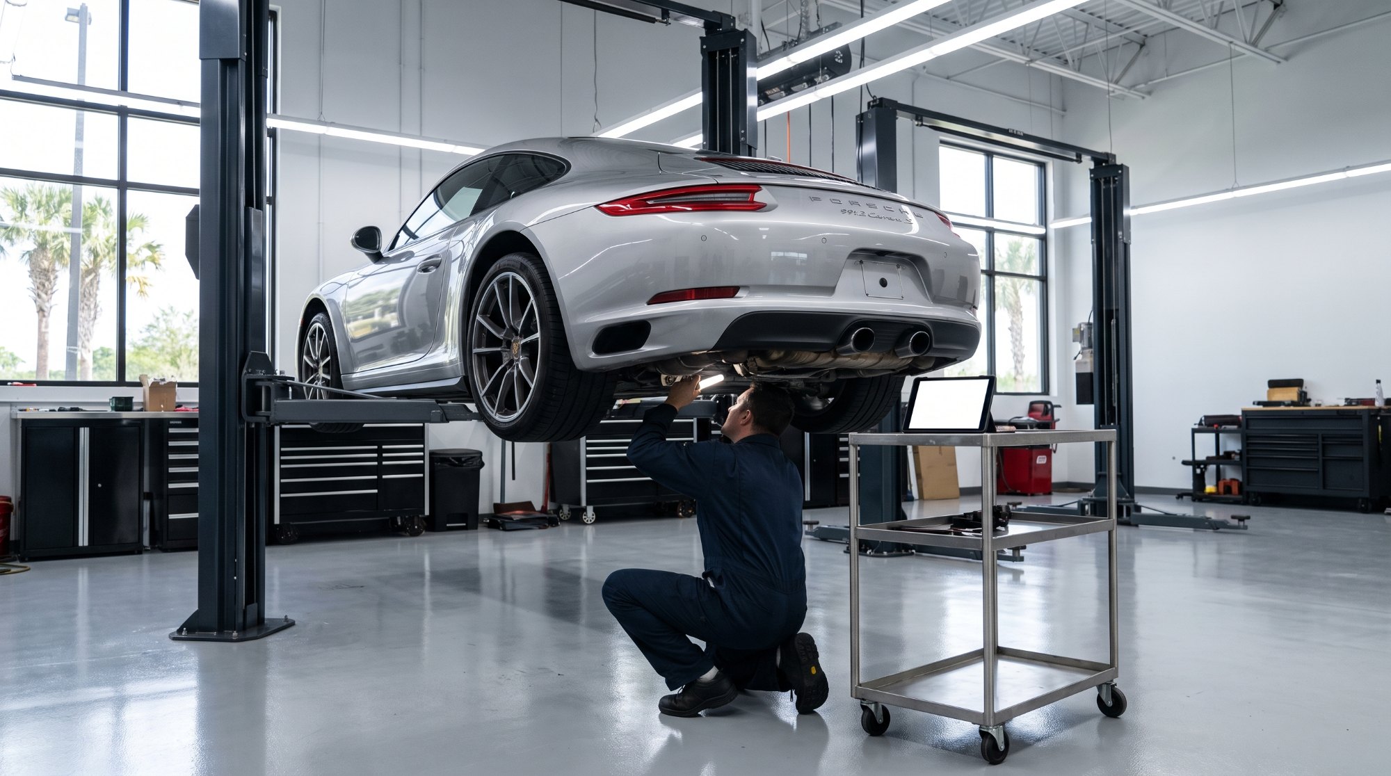 Technician crouching beneath a silver Porsche 911 raised on a workshop lift, inspecting the rear underside with a flashlight