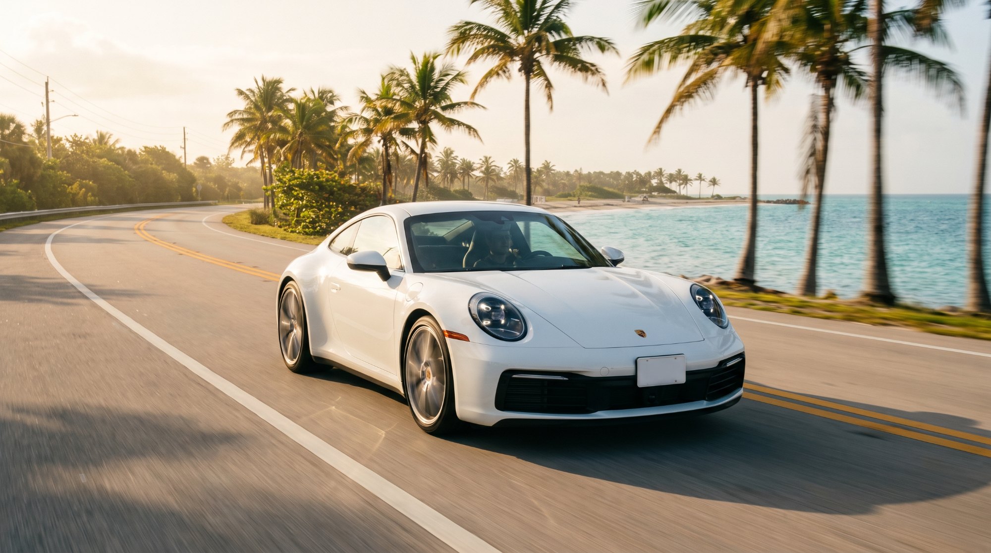 White Porsche 911 driving on a two-lane coastal road lined with palm trees beside turquoise water