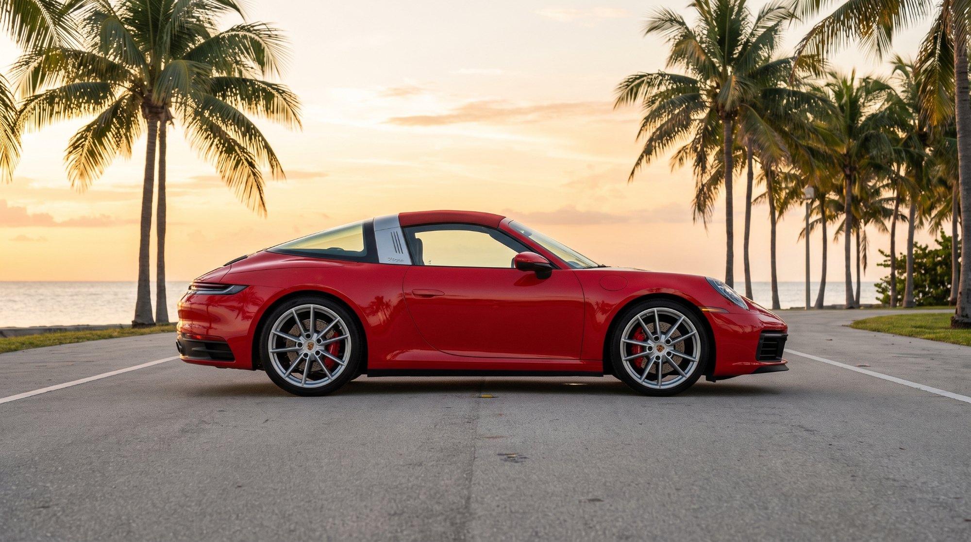 Guards Red Porsche 911 Targa 4S of the 992 generation in side profile on a palm-lined coastal road