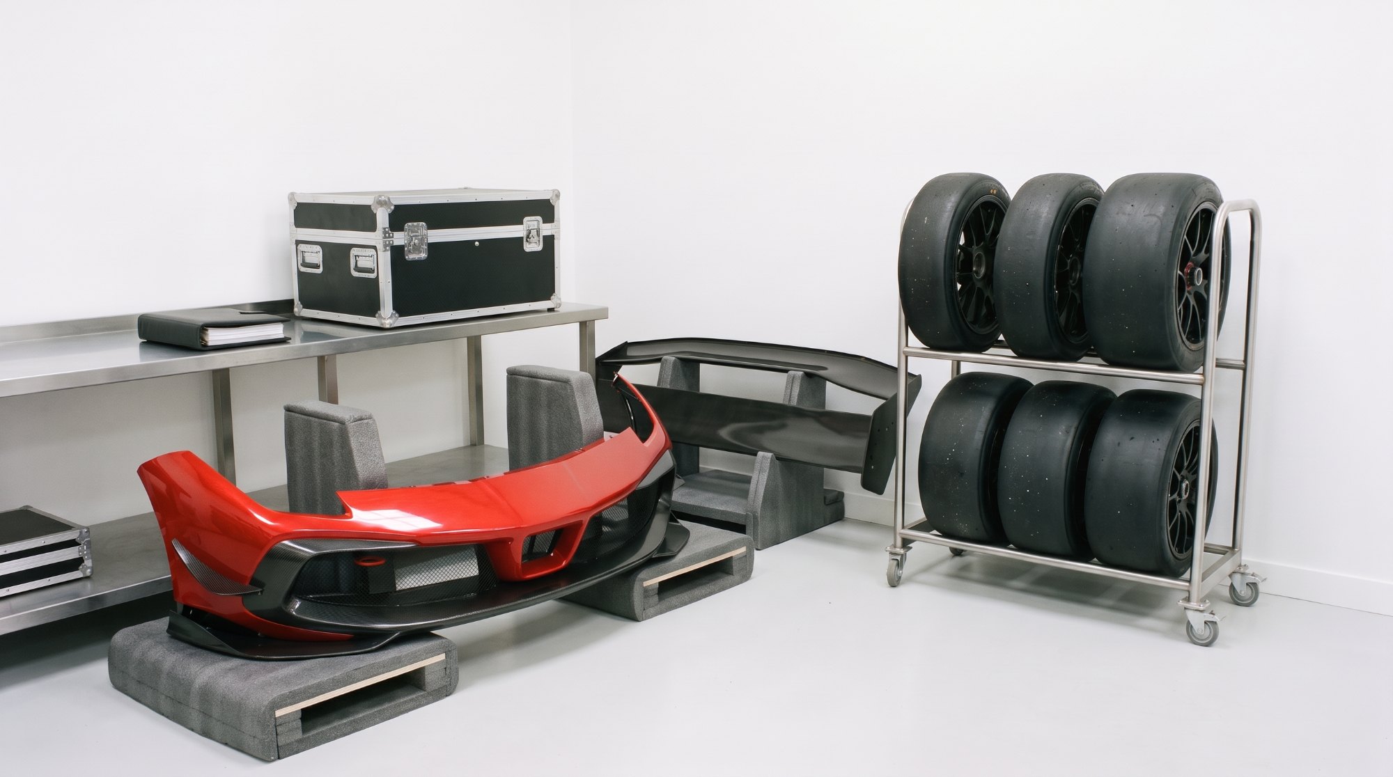 Spare carbon bodywork, racing wheel sets and flight cases in a race workshop