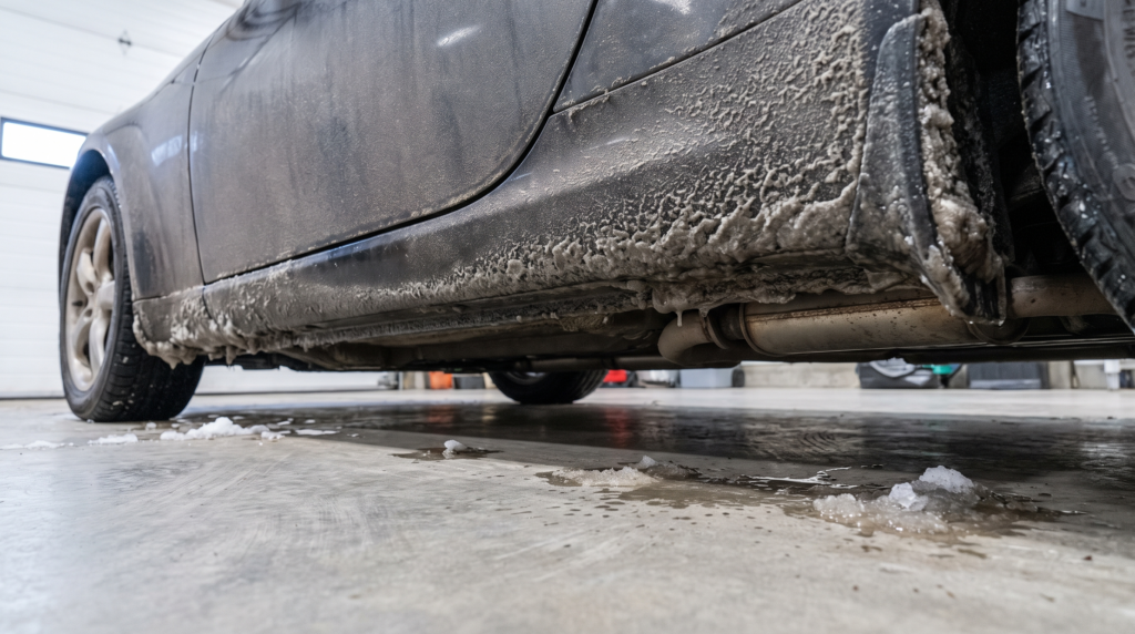 Road salt residue caked on the rocker panel and lower bodywork of a sports car after winter driving