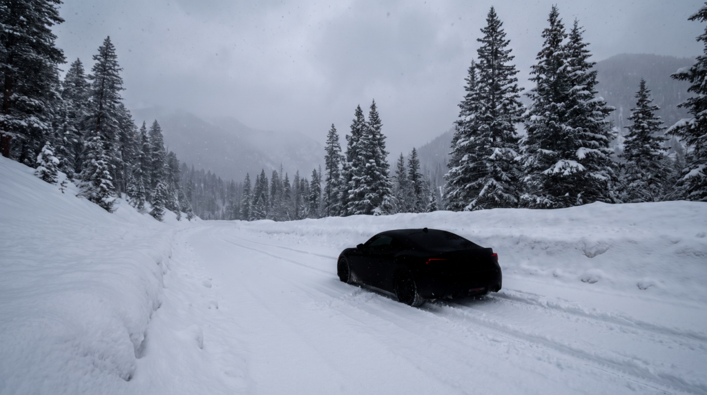 Snow-covered mountain road winding through a pine forest under falling snow