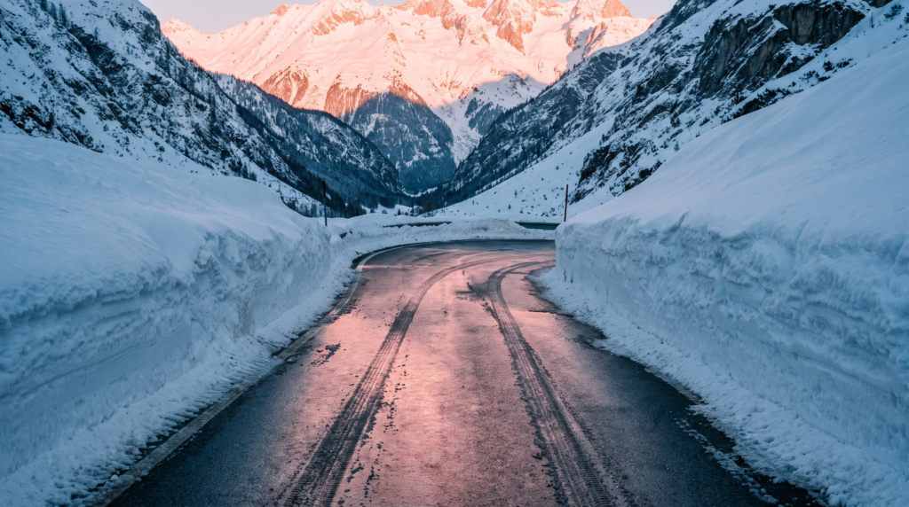 Snow-banked alpine mountain pass at dawn, cleared wet road with tire tracks leading to a hairpin, pink light on the peaks