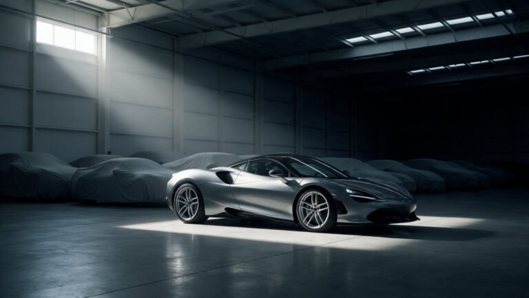 Silver mid-engine supercar parked alone in a dim vehicle storage warehouse beside a row of covered cars