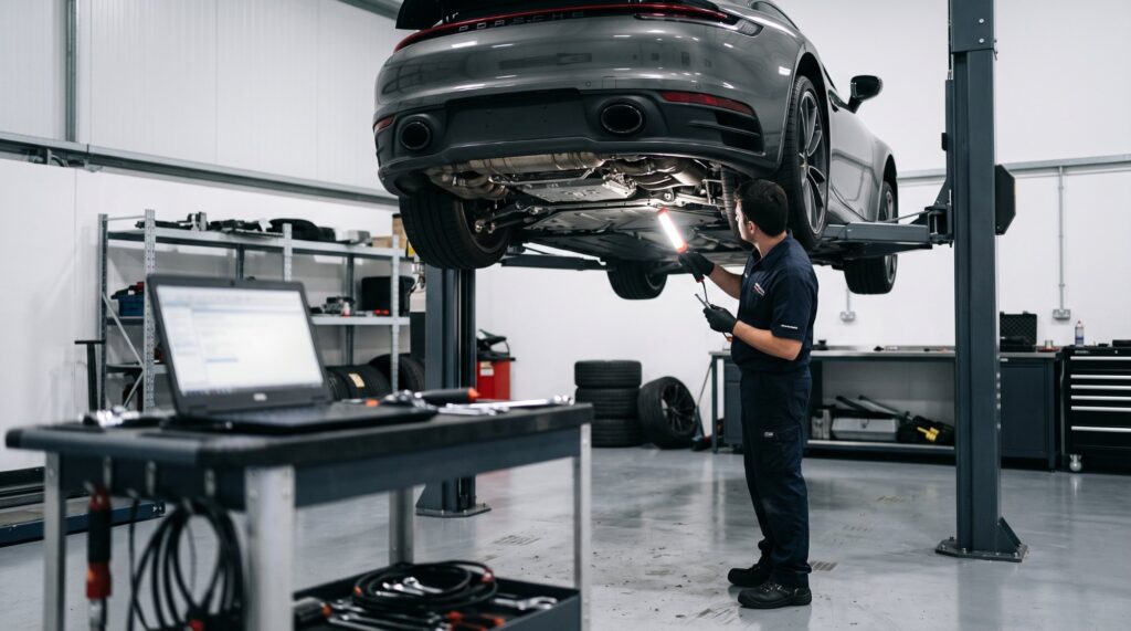 Technician shining an inspection light at the underside of a grey Porsche 911 raised on a workshop lift