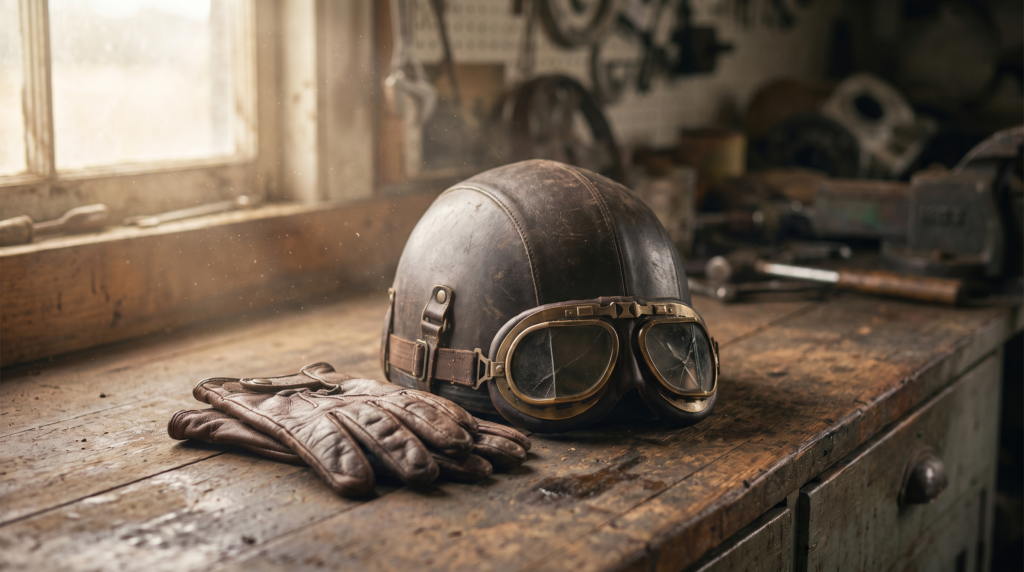 A 1930s leather racing helmet, aviator goggles and driving gloves on a wooden workbench in soft window light
