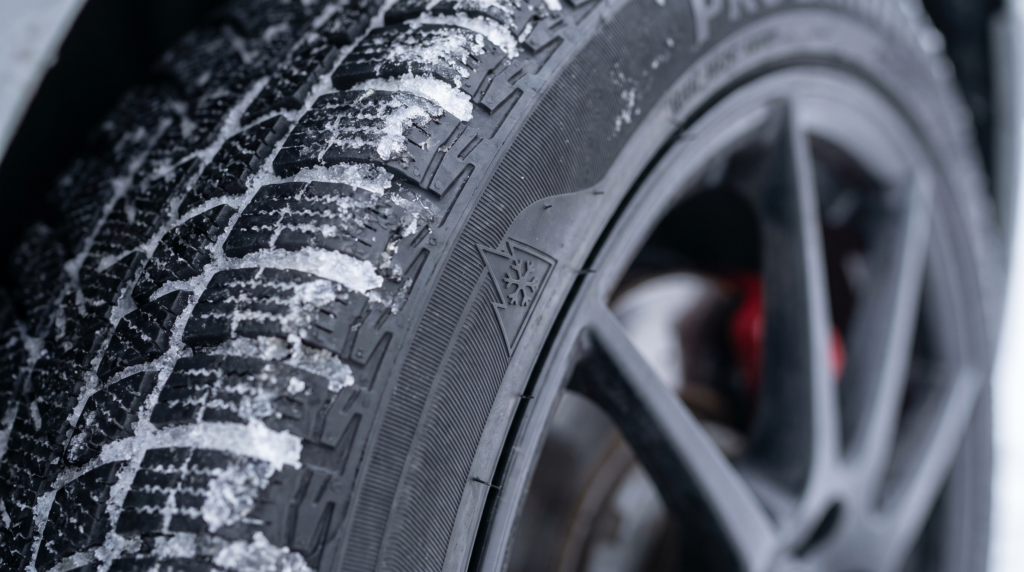 Close-up of a high-performance winter tire on a sports car, dense siping and snowflake symbol visible, snow packed in the tread