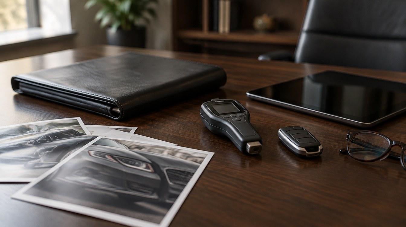 Leather document binder, printed car photographs, paint-thickness gauge, key fob and glasses on a walnut desk