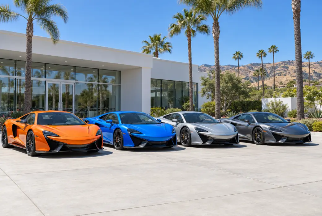 Supercars parked outside a modern showroom with palm trees and hills behind