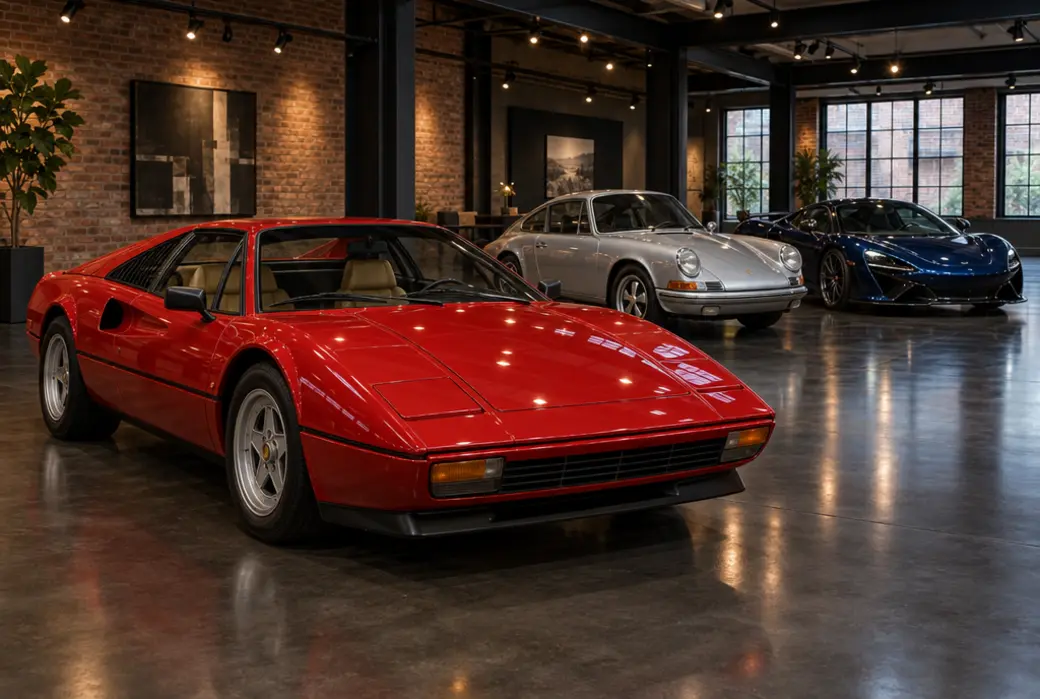 Collector sports cars on display in a brick-walled gallery showroom