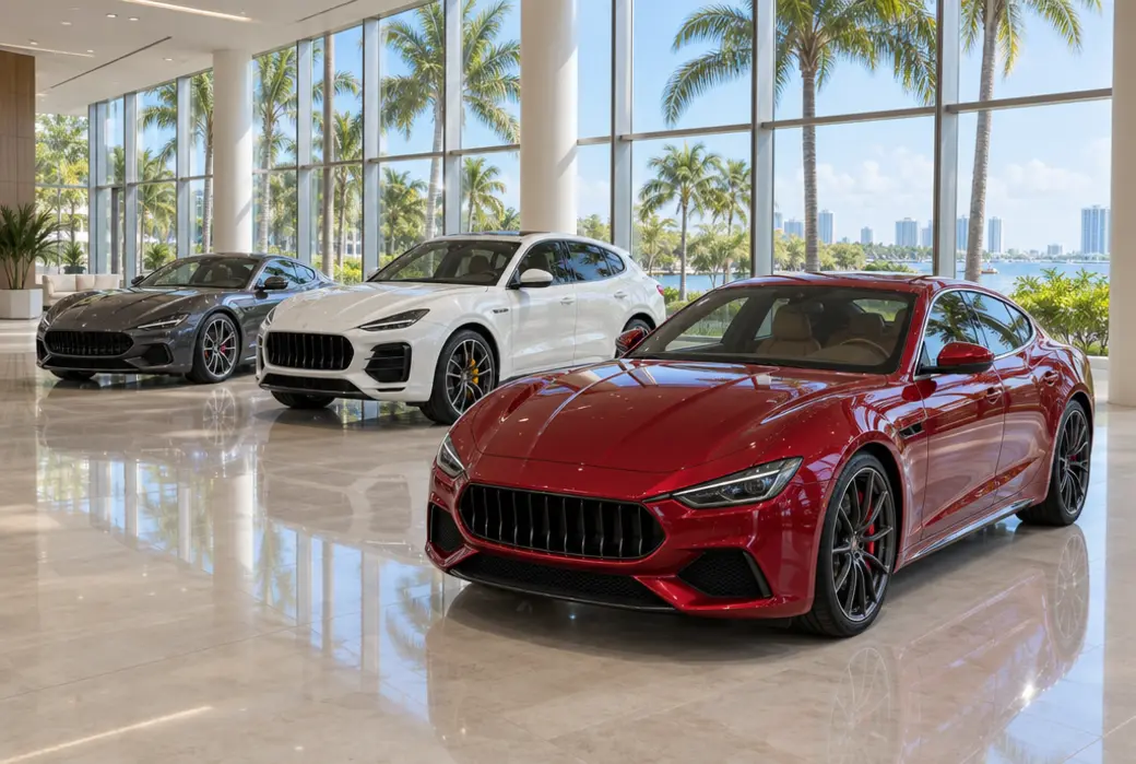Luxury cars on display in a bright glass-walled showroom with palm trees outside