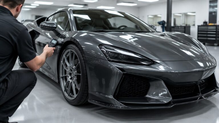 Technician holding a paint-thickness gauge against the door of an unbadged grey mid-engine supercar in a bright repair studio
