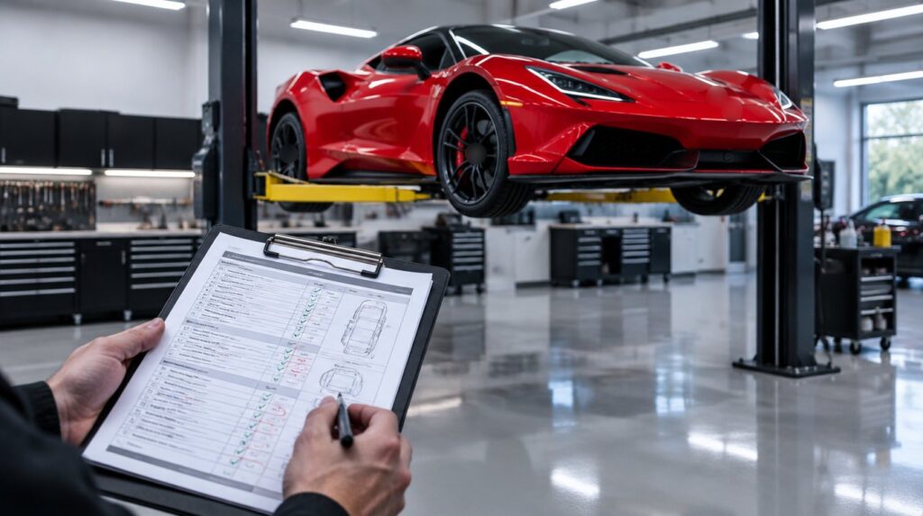 Technician reviewing a pre-purchase inspection report on a clipboard beside a red mid-engine exotic car on a workshop lift