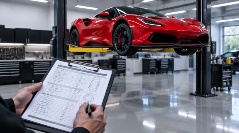 Technician reviewing a pre-purchase inspection report on a clipboard beside a red mid-engine exotic car on a workshop lift