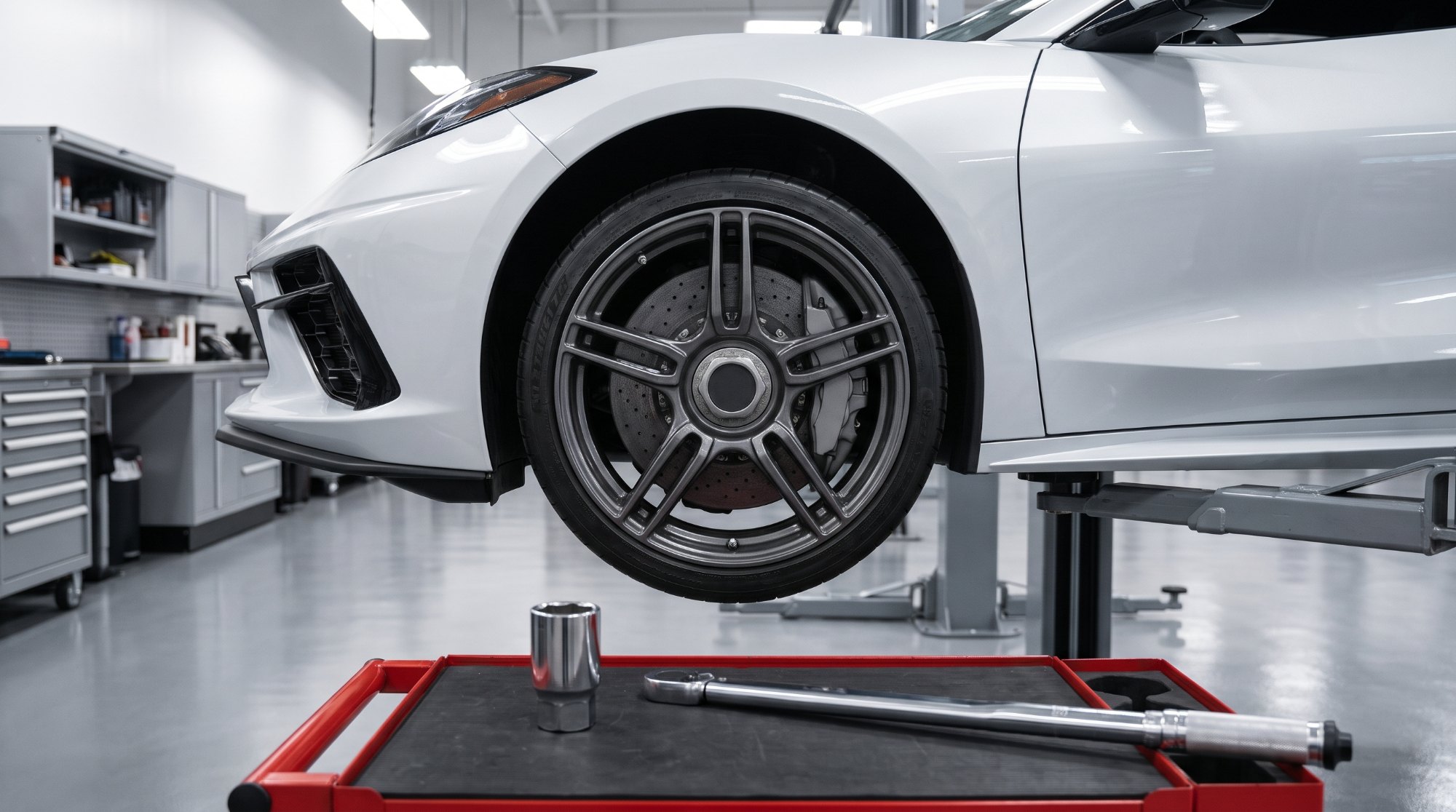 Sports car raised on a service lift, its wheel held by a single large central locking nut, with a large socket and a torque wrench on a red tool cart