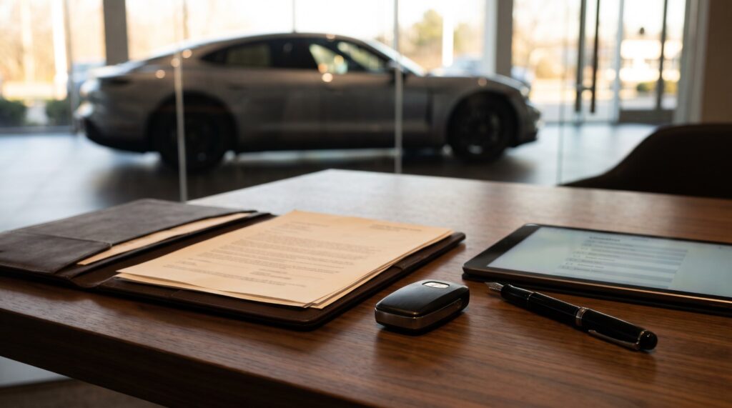 Folder of printed service paperwork, a car key, a pen and a tablet on a desk, with a silver sports car in the showroom behind