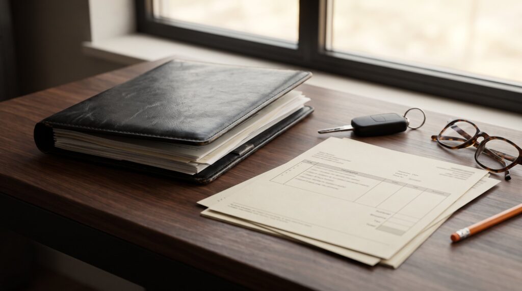 A thick black leather service-records folder beside a stack of workshop invoices, a car key and reading glasses on a wooden desk