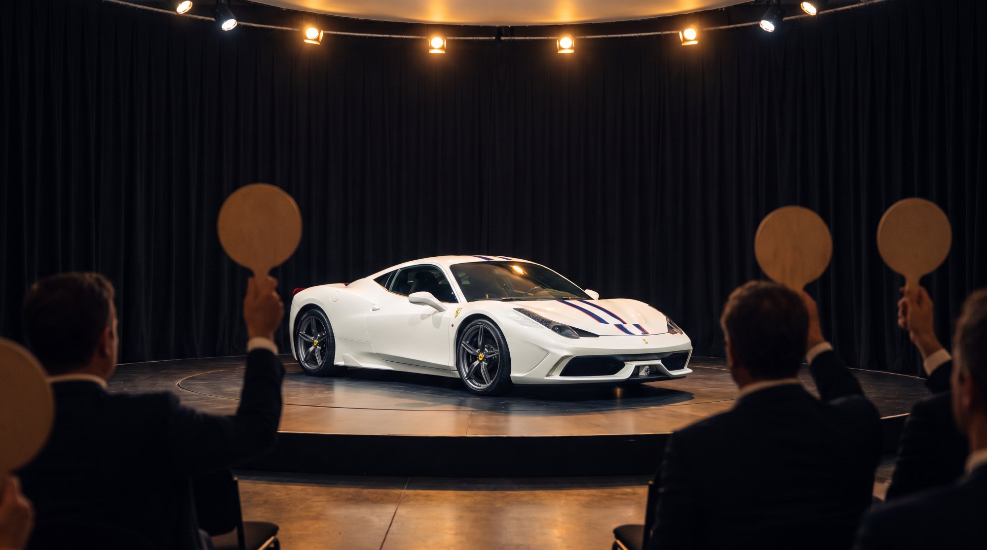White Ferrari 458 Speciale with a blue stripe on an auction stage as bidders raise paddles