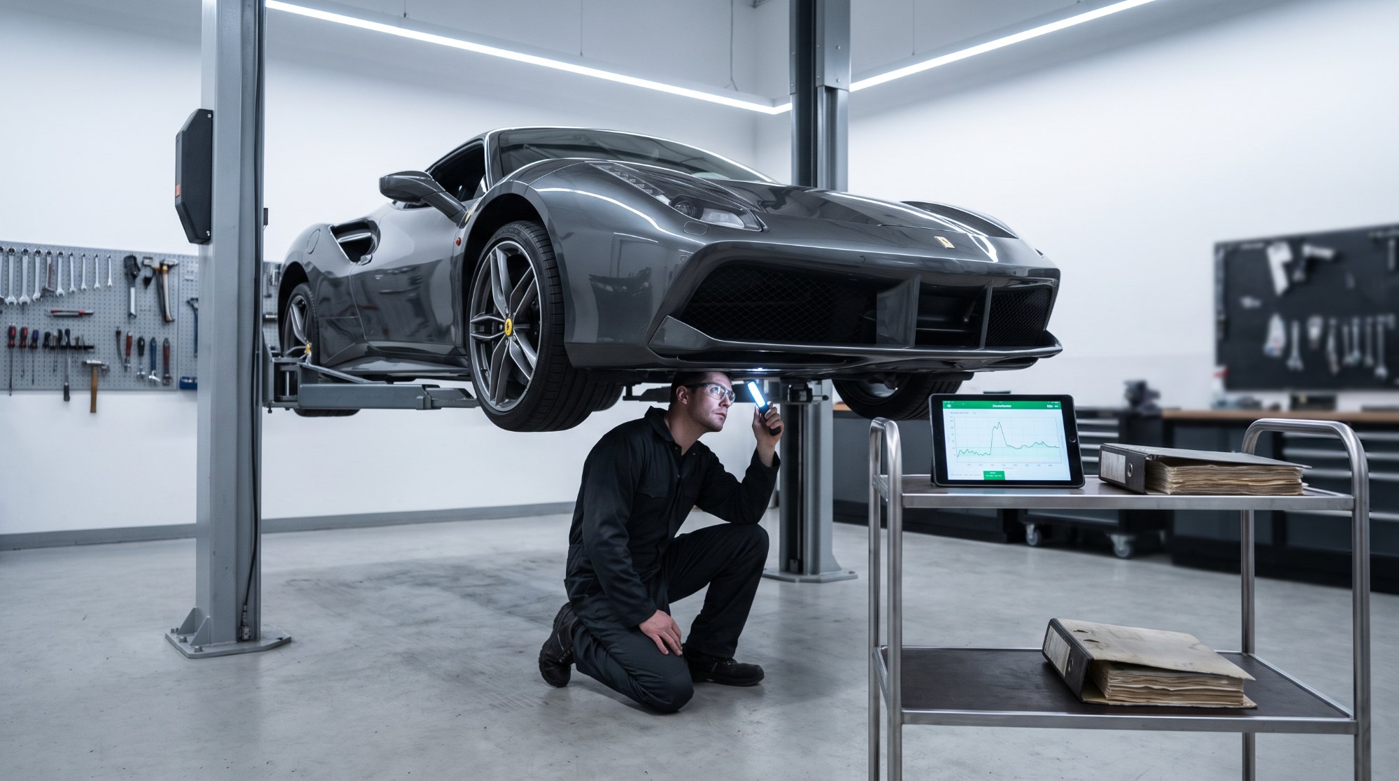 Technician inspecting the underside of a grey Ferrari 488 GTB on a lift beside a binder of service records