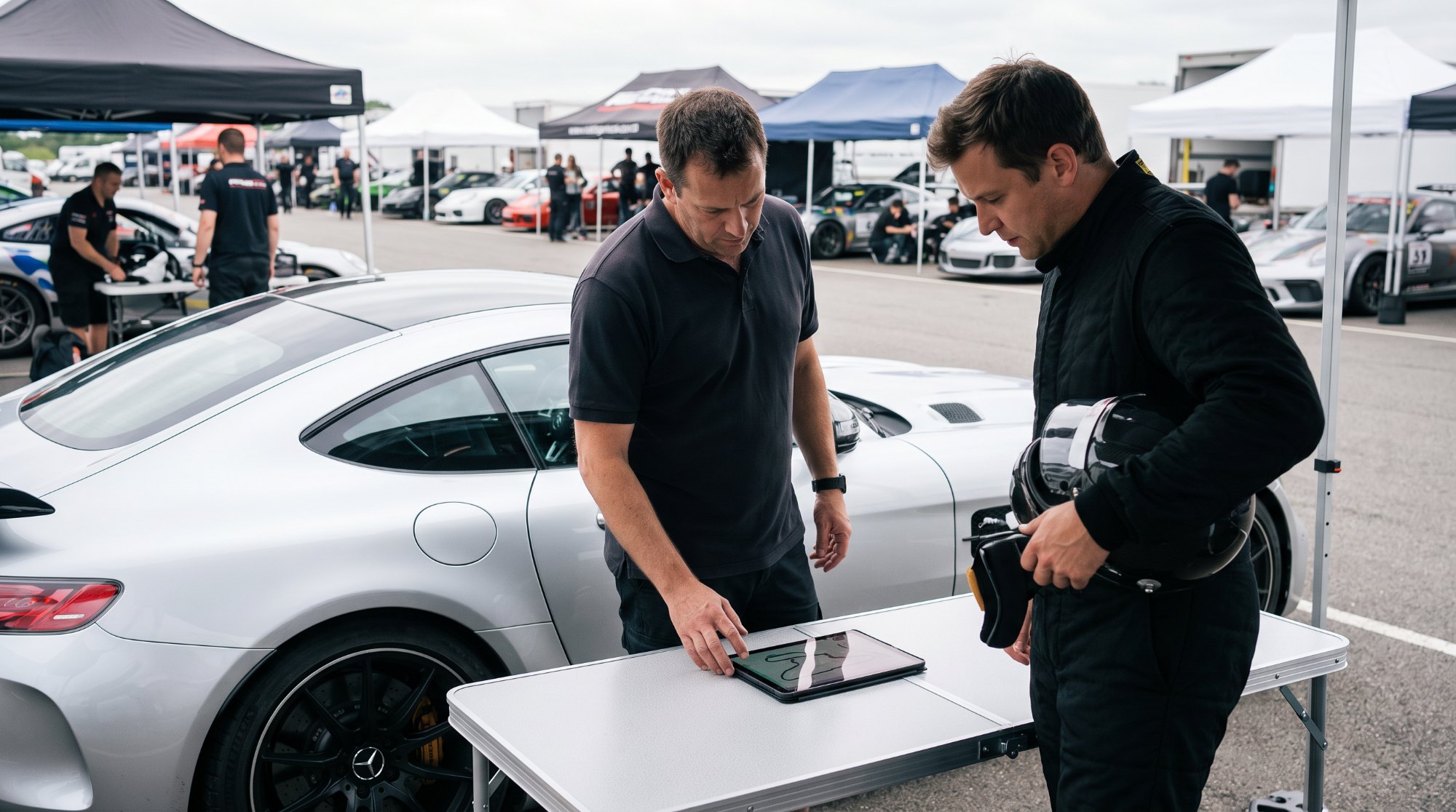 Driving instructor and helmeted driver reviewing a track map on a tablet beside a silver sports coupe in a racetrack paddock