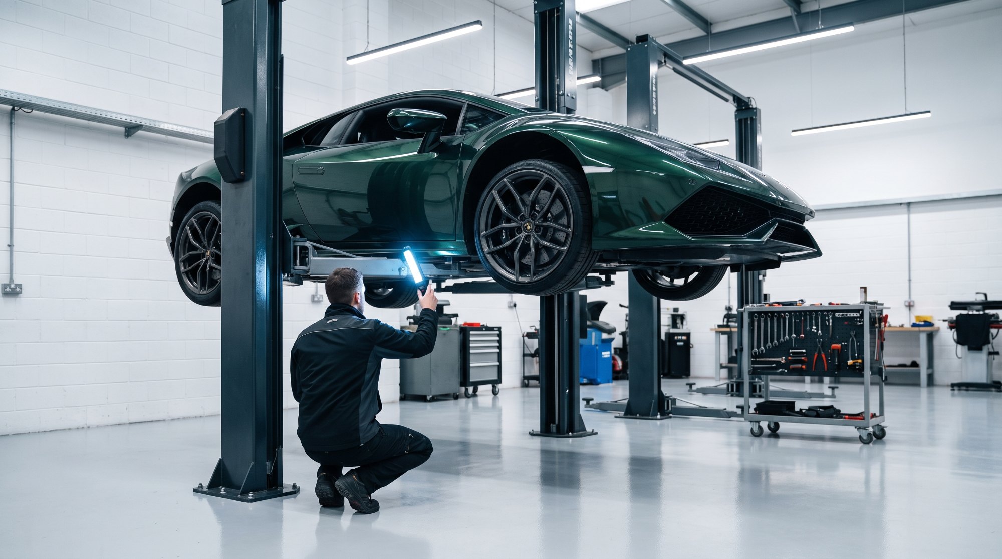 Technician inspecting the underside of a dark green Lamborghini Huracán raised on a workshop lift with a handheld light
