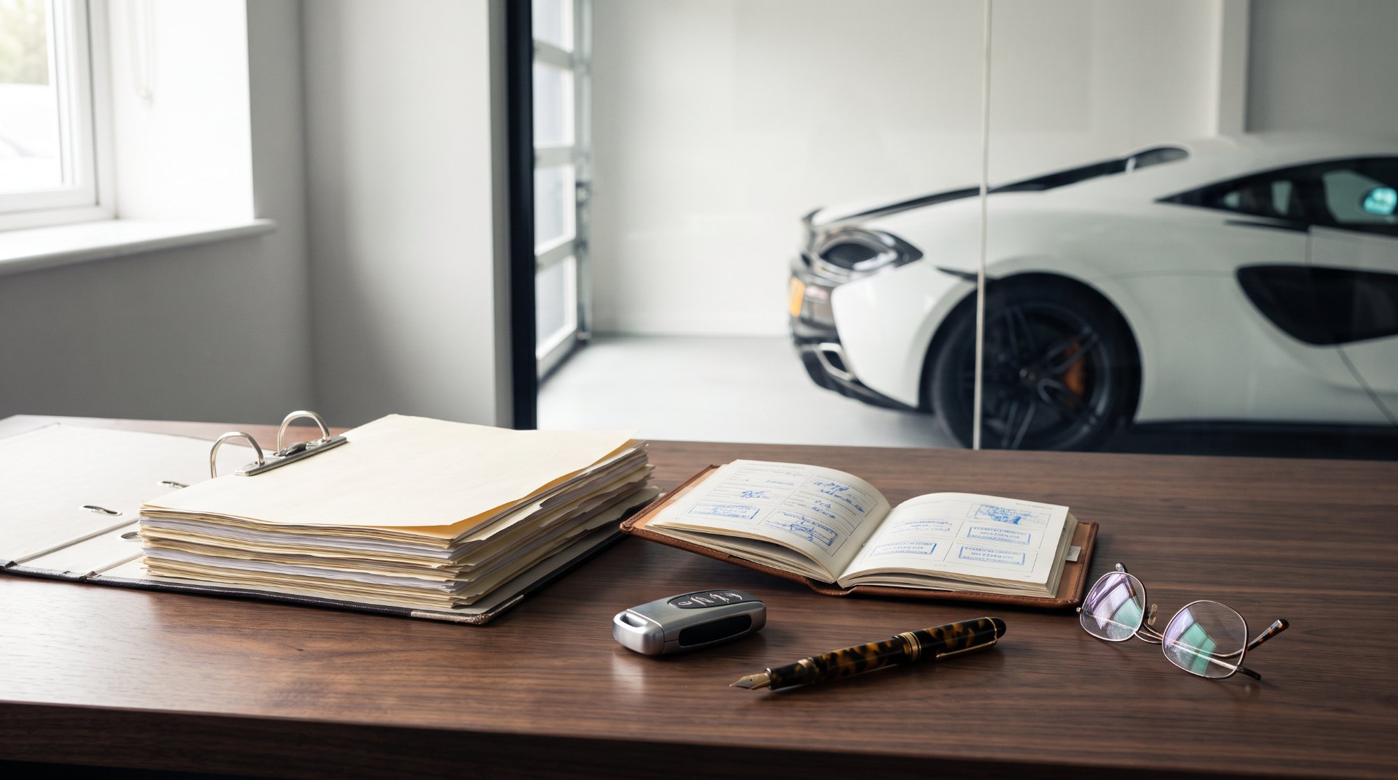Binder of service invoices, stamped service book and key fob on a desk with a white McLaren 570S in the garage beyond (AI-generated illustration)