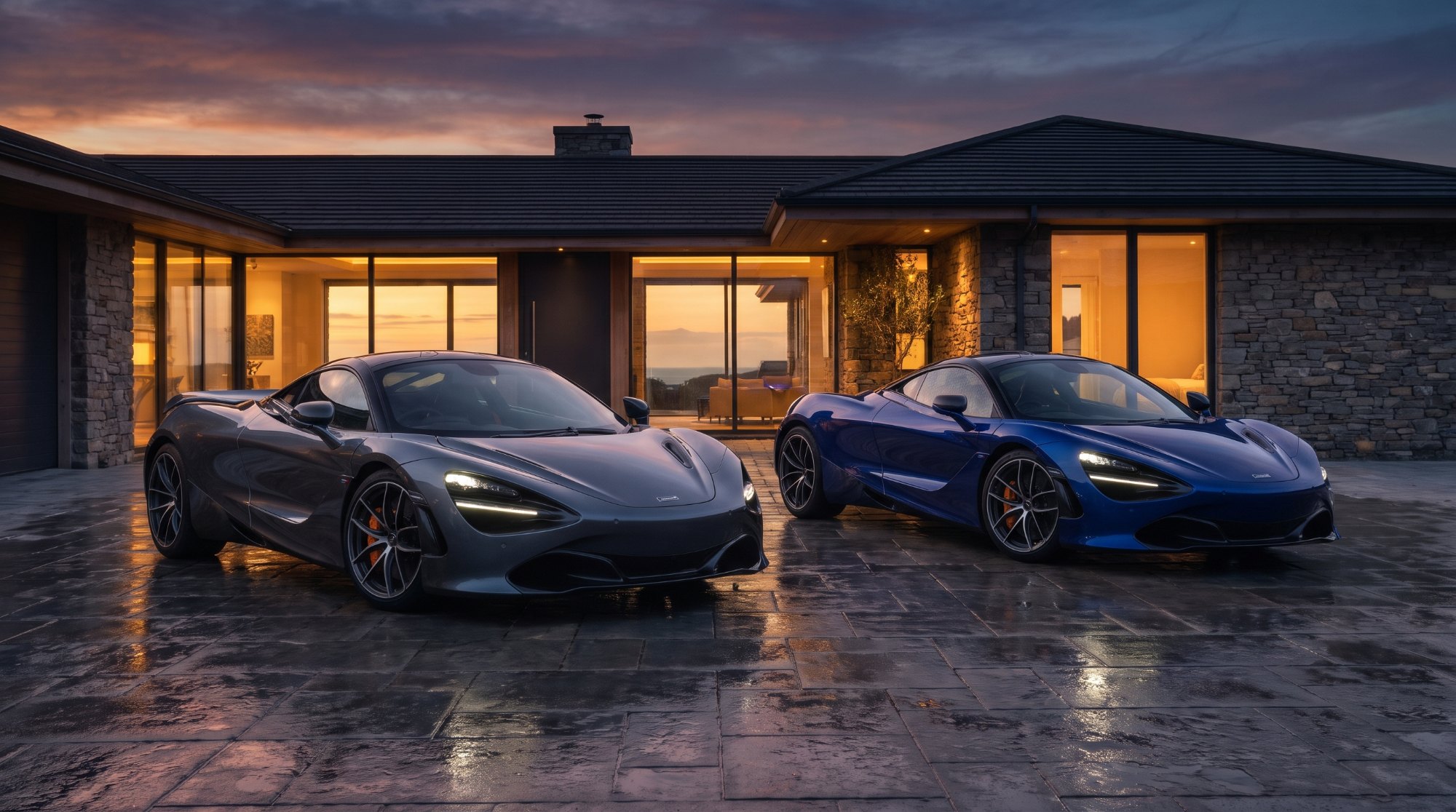 Illustration of a grey McLaren 720S coupe and a blue McLaren 750S coupe parked on wet stone outside a modern house at dusk