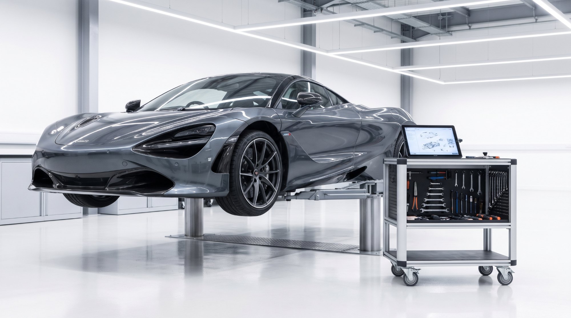 Illustration of a grey McLaren 720S raised on a two-post lift in a bright workshop beside a tool cart and diagnostic tablet