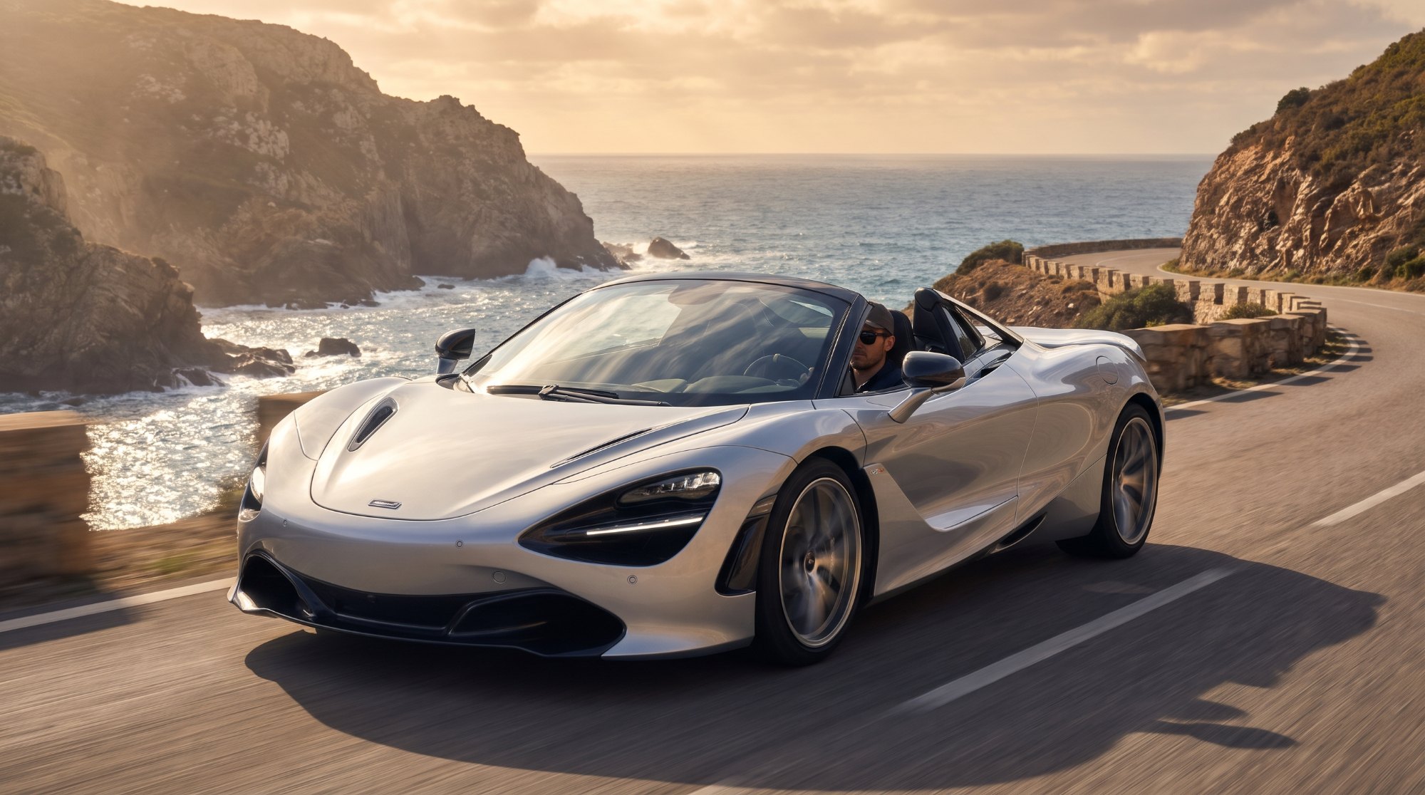 Illustration of a silver McLaren Spider with its roof lowered driving on a winding coastal road at golden hour