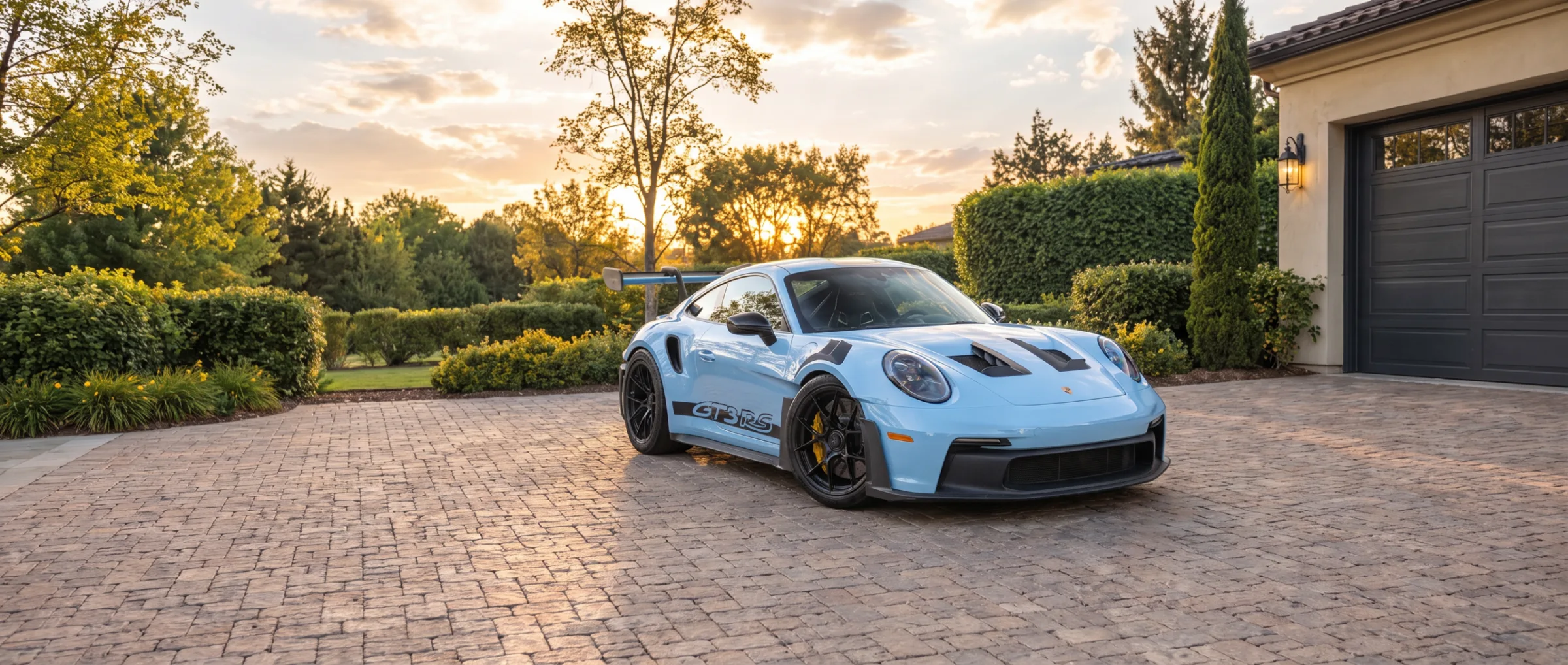 Gulf Blue Porsche 911 GT3 RS parked in a home driveway, listed by a private seller