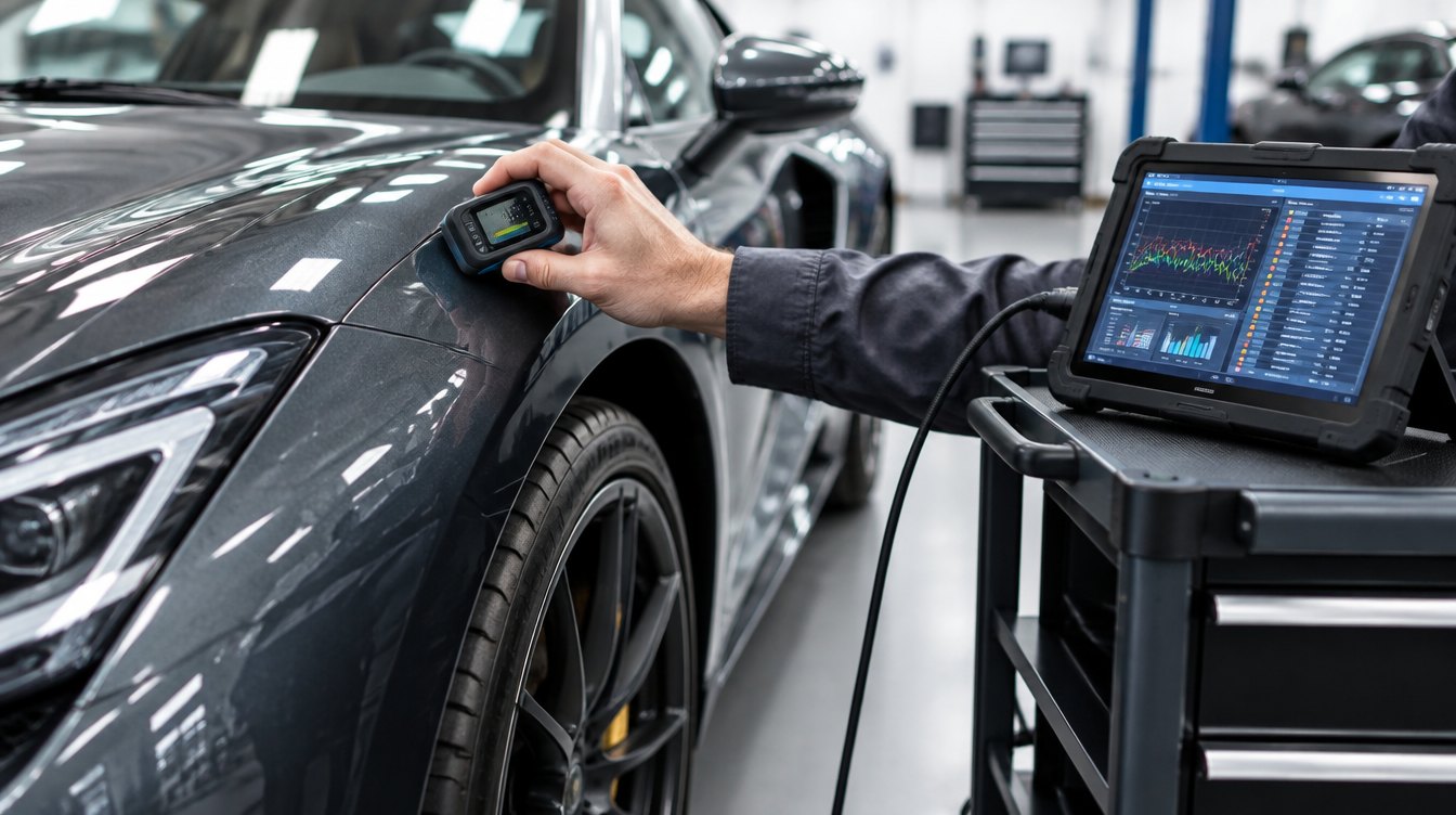 Technician measuring paint thickness on an exotic car fender with a diagnostic scan tablet beside the car