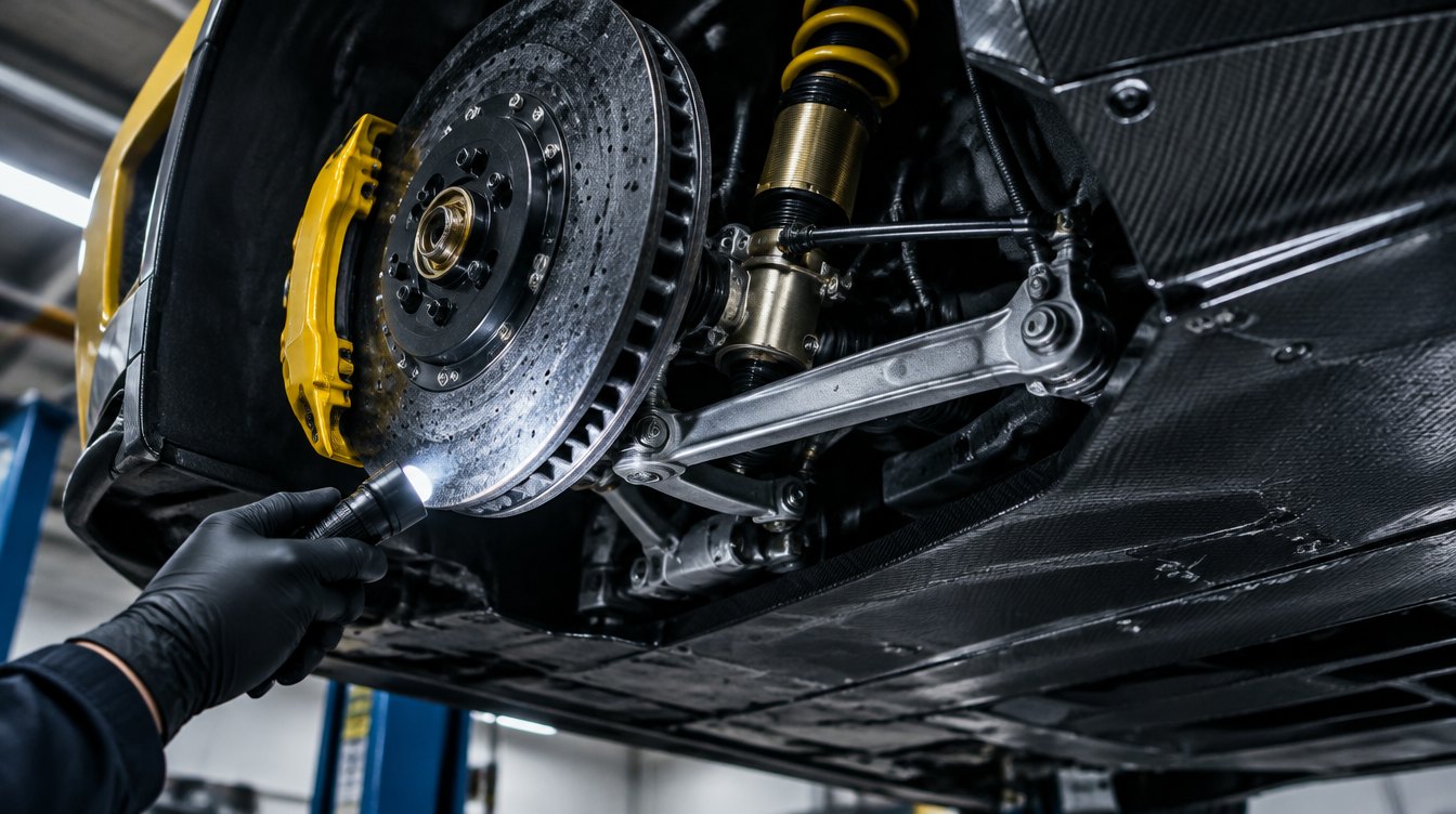 Technician inspecting a carbon-ceramic brake rotor, adaptive damper and scraped carbon undertray from beneath an exotic car on a lift