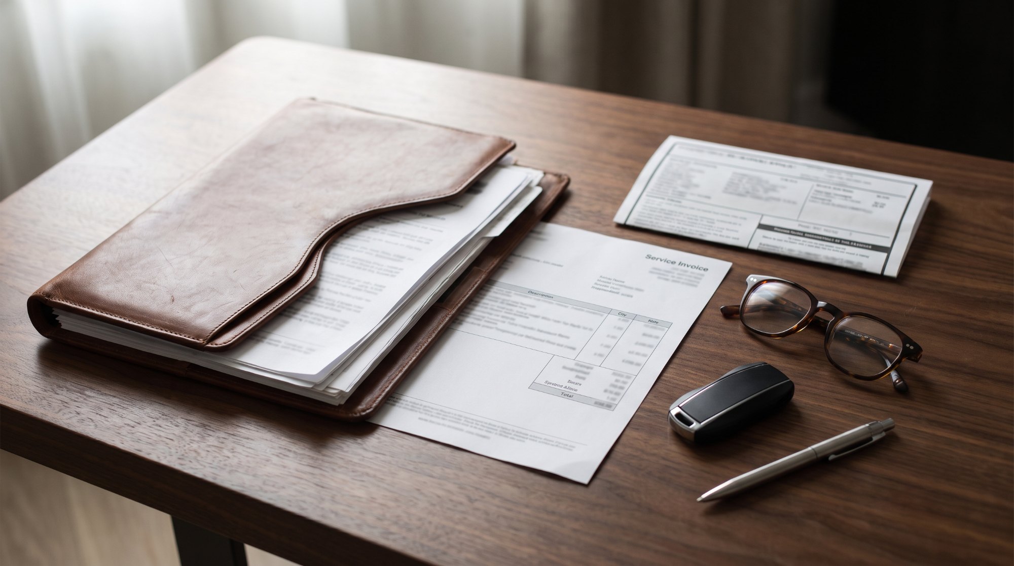 Leather folder of service records, a service invoice, a car key, glasses and a pen on a walnut desk