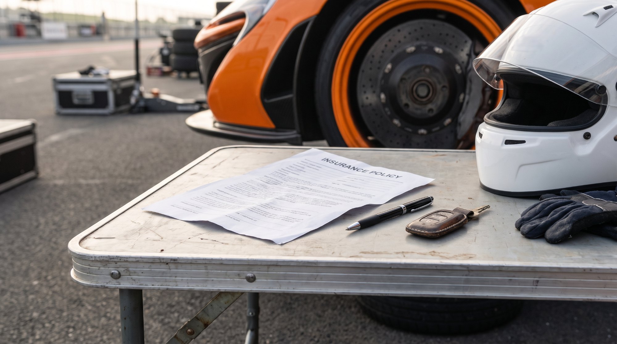 Printed insurance policy with a pen, car key fob, white racing helmet and gloves on a paddock table beside an orange supercar with carbon-ceramic brakes