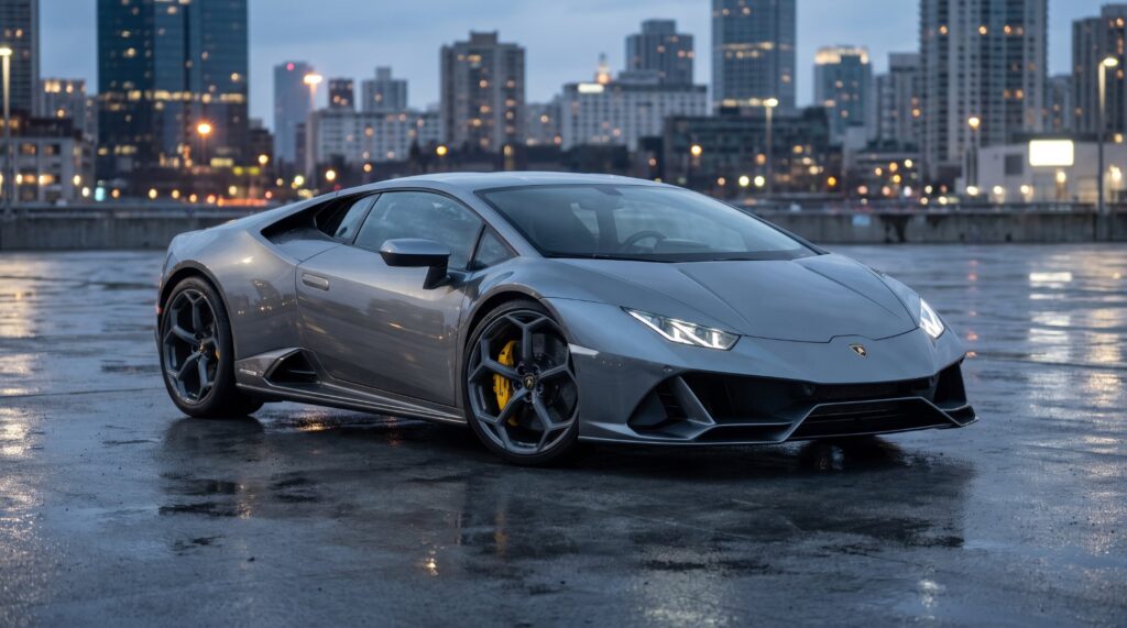 Grey Lamborghini Huracán EVO coupe parked on a wet plaza at dusk with city lights behind